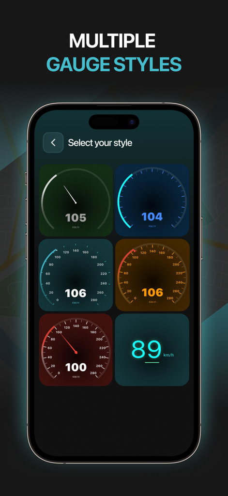 Speedometer GPS Speed HUD - Una selección de seis diseños diferentes de indicadores de velocímetro analógicos y digitales en varios colores como verde, azul, naranja y rojo.