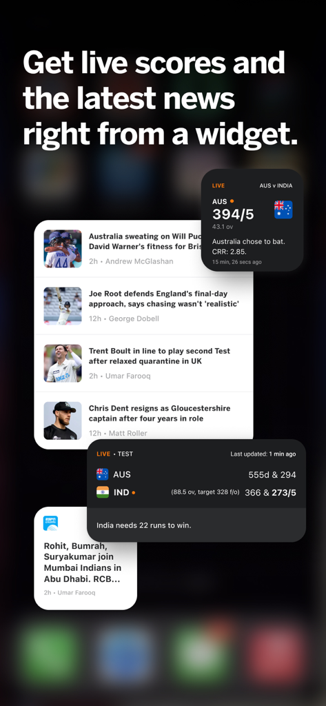 ESPNcricinfo - Cricket Scores - Widgets mobiles ESPNcricinfo montrant les scores de cricket en direct et les mises à jour d'actualités