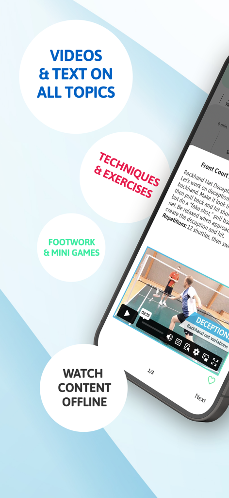 Bildschirm der Badminton Famly plus App mit einem Technik-Trainingsvideo mit Beschriftungen für Trainingsthemen wie Beinarbeit und Übungen.