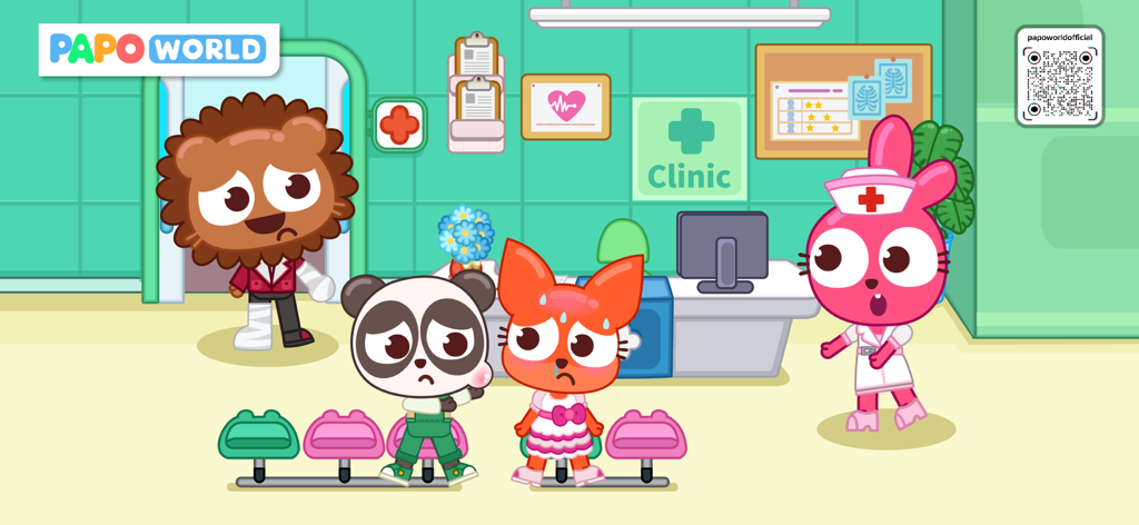 Papo Town Clinic Doctor - Cartoon animal patients in a clinic waiting room with a nurse rabbit
