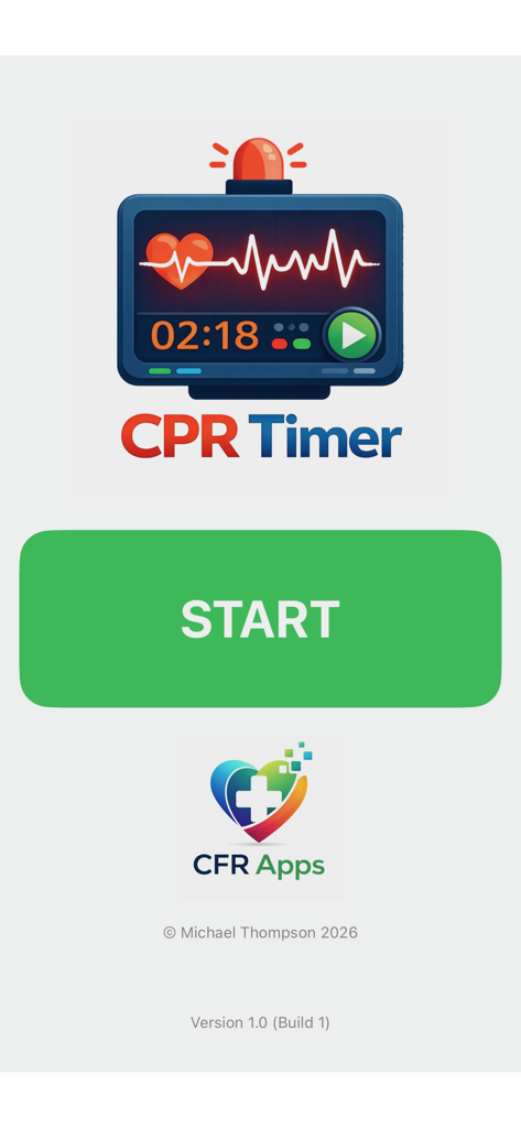 CPR Timer - CPR Timer app home screen with a medical monitor icon and a large green start button.