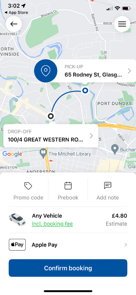 GlasGO Cars app booking confirmation screen showing map route and price estimate
