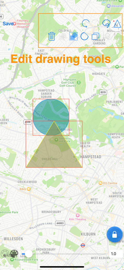 Map Notes - Interfaz de la aplicación Map Notes que muestra herramientas de edición de dibujo y formas geométricas en un mapa