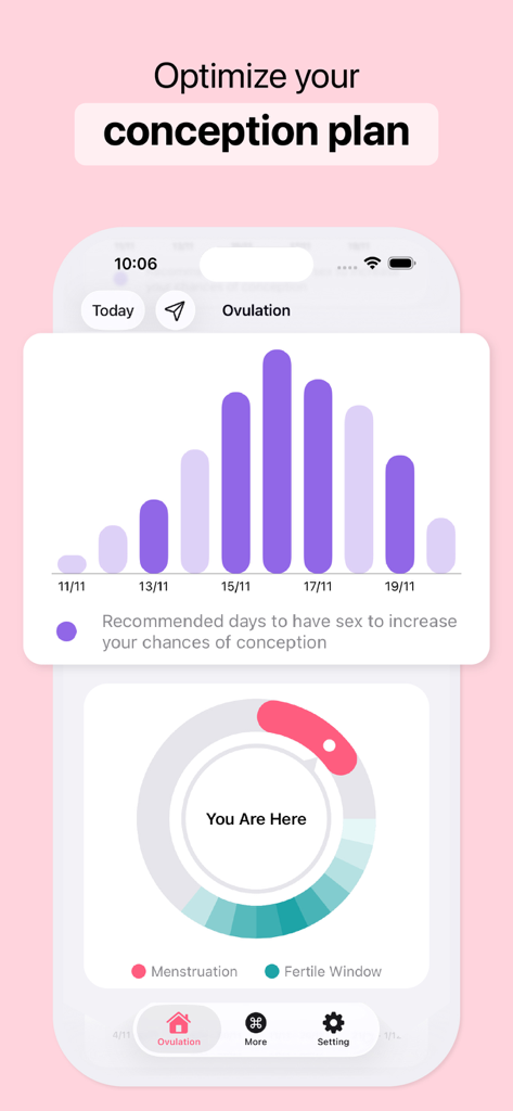 Track Ovulation, Conceive - Ovulation tracker app showing a conception probability chart and fertile window status