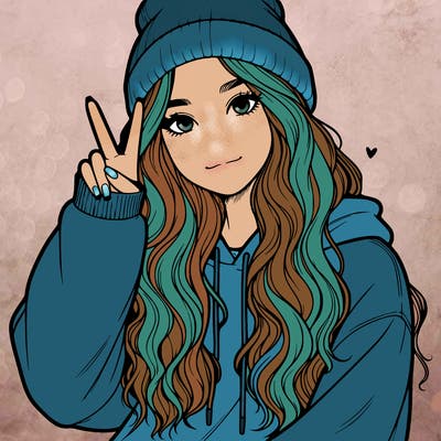 a teenage girl in a beanie, oversized sweatshirt, wavy long hair, and is showing a ✌️