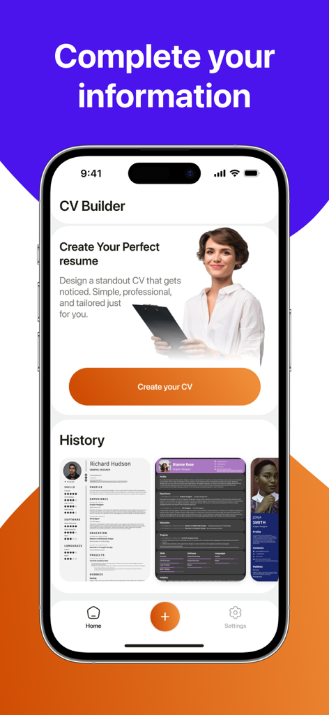 Home screen of the Resume Maker app showing a button to create a CV and a gallery of modern resume templates