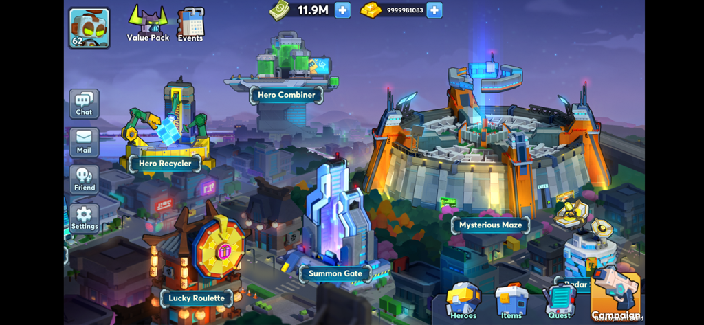 Interfaz del centro de la ciudad principal del juego móvil City Arena que muestra varios edificios y opciones de menú