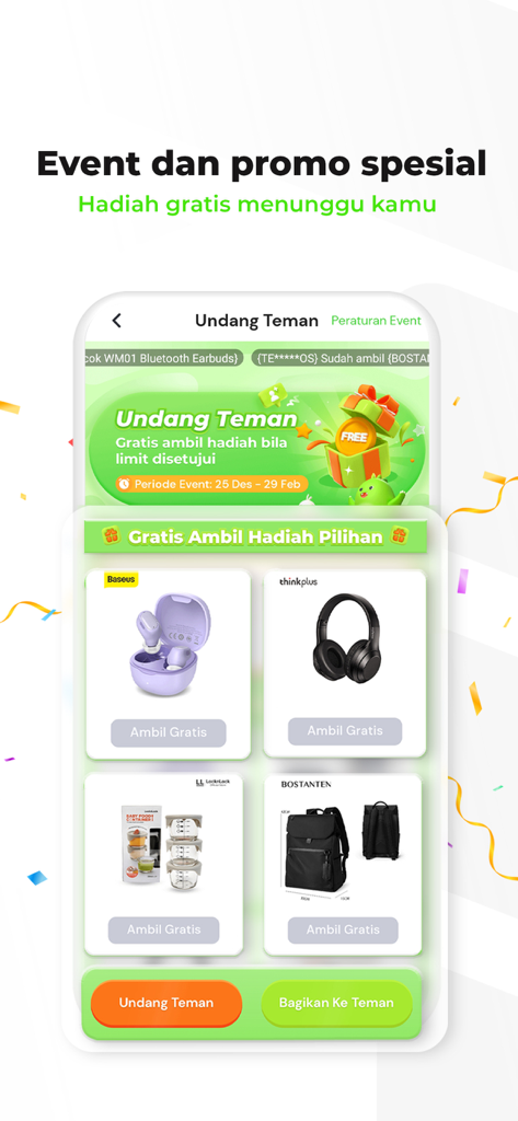 Credinex mobile app screen showing referral rewards including headphones and electronics