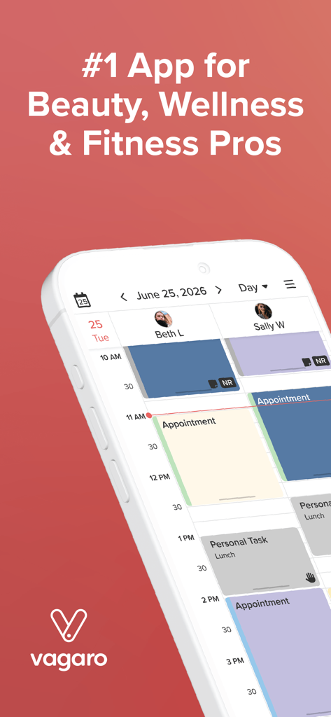 Vagaro Pro - Vista del calendario diario de la aplicación Vagaro Pro mostrando citas programadas para profesionales de belleza y bienestar.