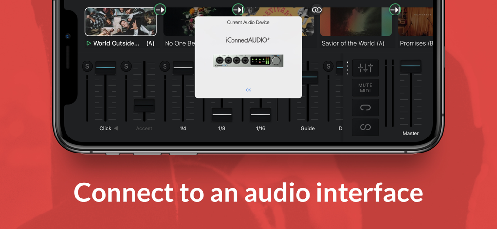 App Playback su iPhone che visualizza una connessione a un'interfaccia audio iConnectAUDIO4
