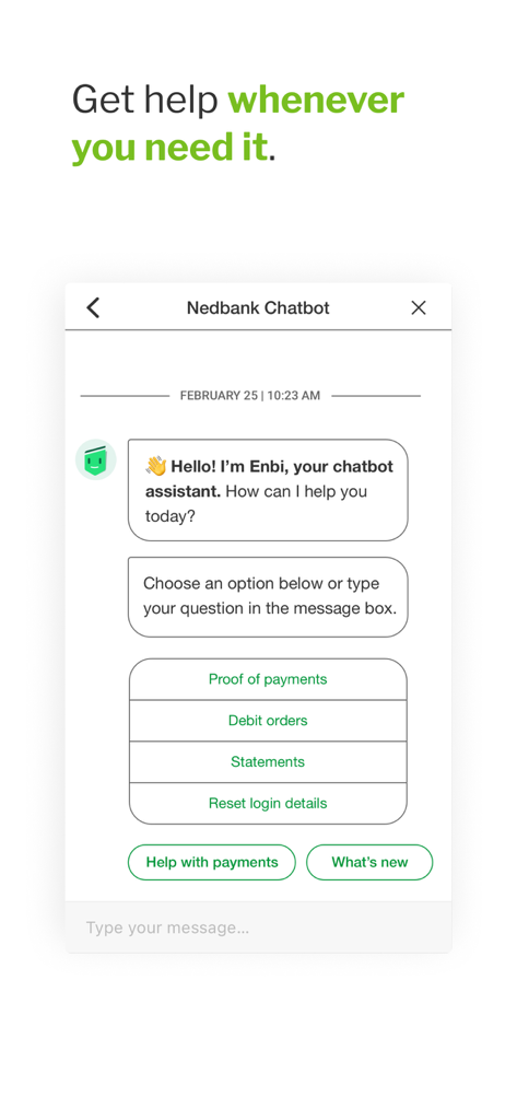Nedbank Money - Screenshot of Enbi chatbot in the Nedbank Money app providing customer support options