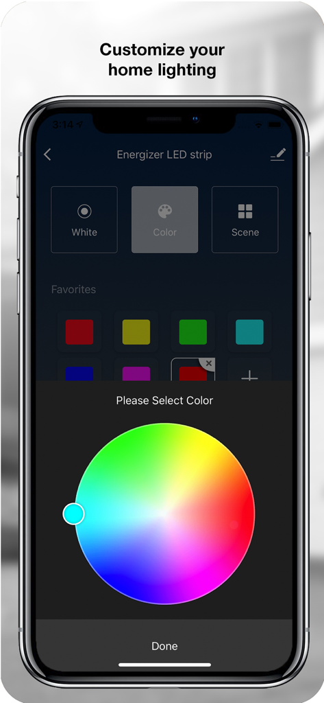 Energizer Connect - Energizer Connect app interface displaying a color wheel to customize smart LED strip lighting