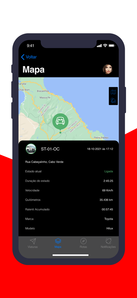Alou Frotas - Real-time vehicle location and status display on the Alou Frotas fleet management app map