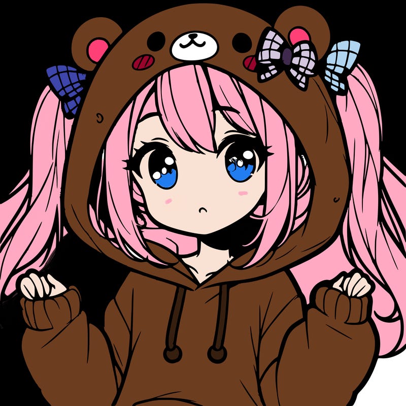 cute anime girl with ponytails and a cute bear hoodie