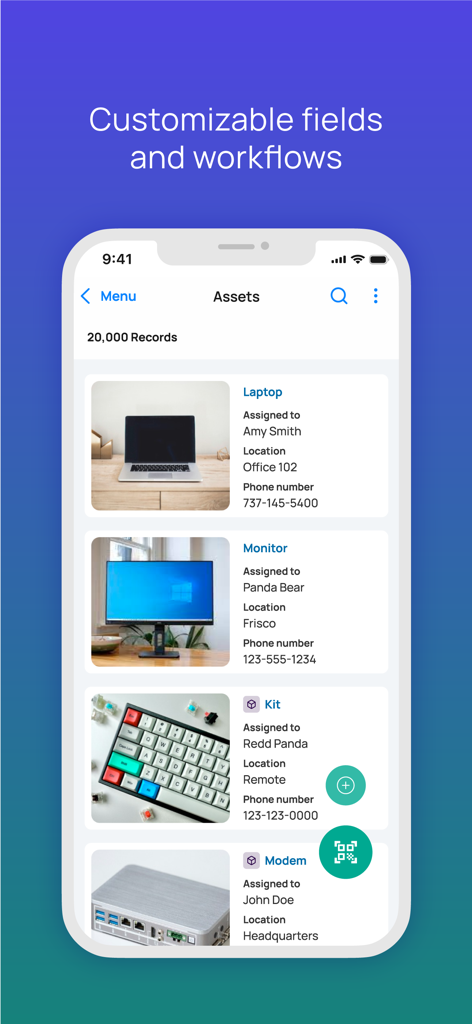 A mobile interface of Asset Panda Pro showing a list of tracked IT assets with customizable fields for assignment and location.