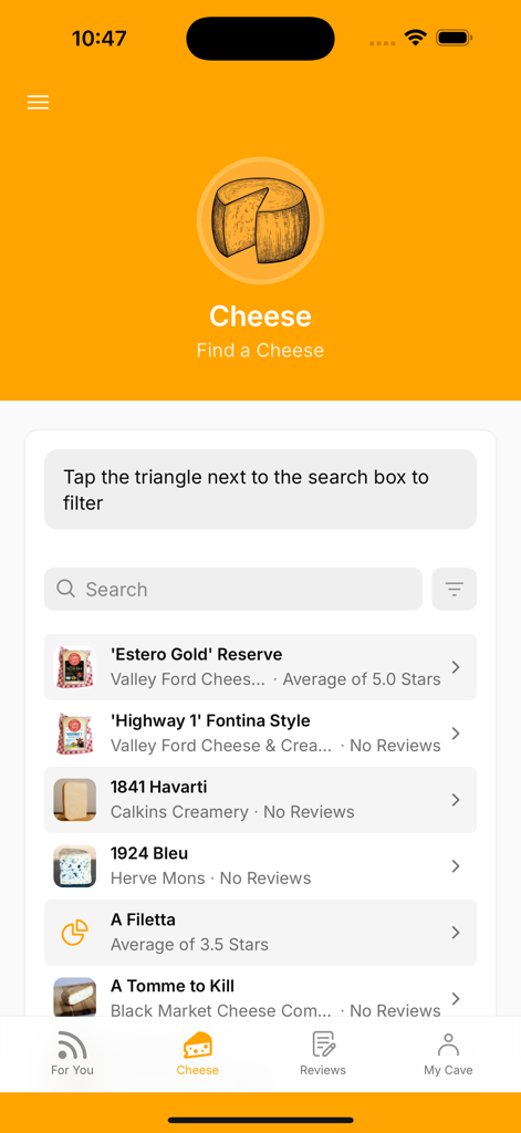 Fromag.io: The Cheese App - Schermata di ricerca nell'app Fromagio che mostra un elenco di formaggi artigianali.