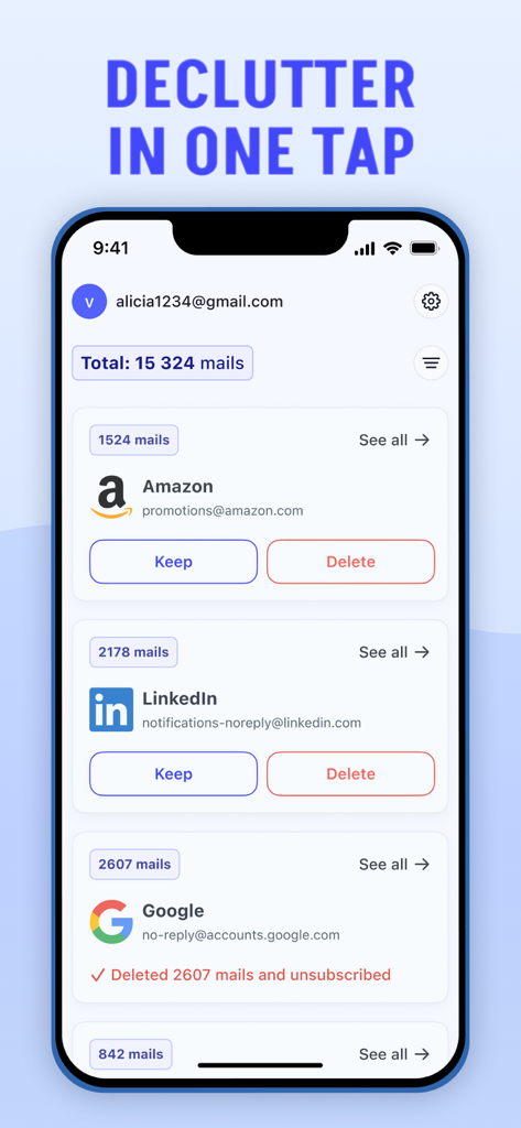 Mailory: Email Assistant - Mailory app interface showing a declutter in one tap screen where users can bulk delete or keep emails from specific senders like Amazon and LinkedIn