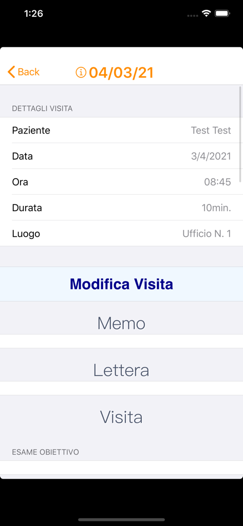 Doctor's Office 2021 - Mobile Oberfläche mit Details zum Arztbesuch, einschließlich Patientenname, Datum, Uhrzeit und Ort.