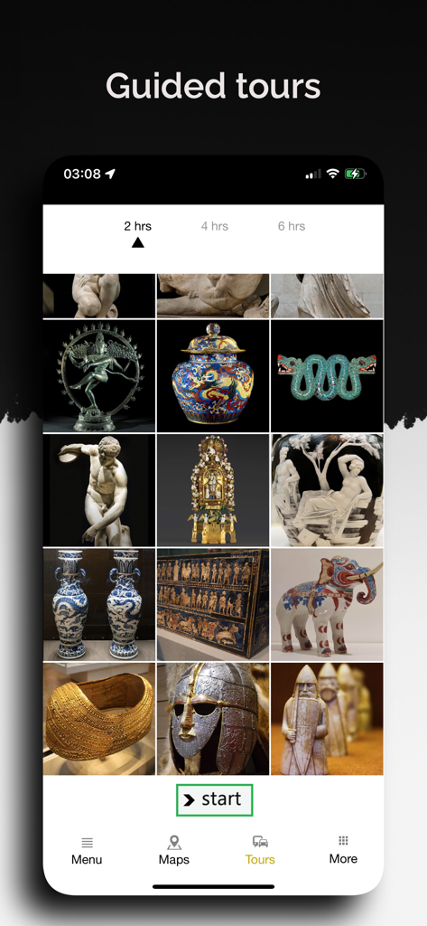 Interfaz de tours guiados de la aplicación Guía del Museo Británico con puntos destacados de artefactos.