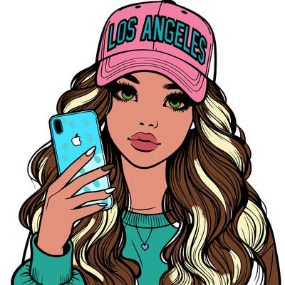 realistic beautiful girl wearing los ángeles cap holding an iphone
