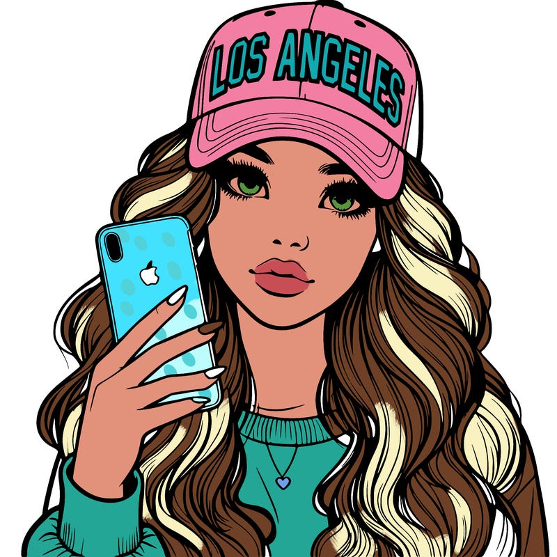 realistic beautiful girl wearing los ángeles cap holding an iphone
