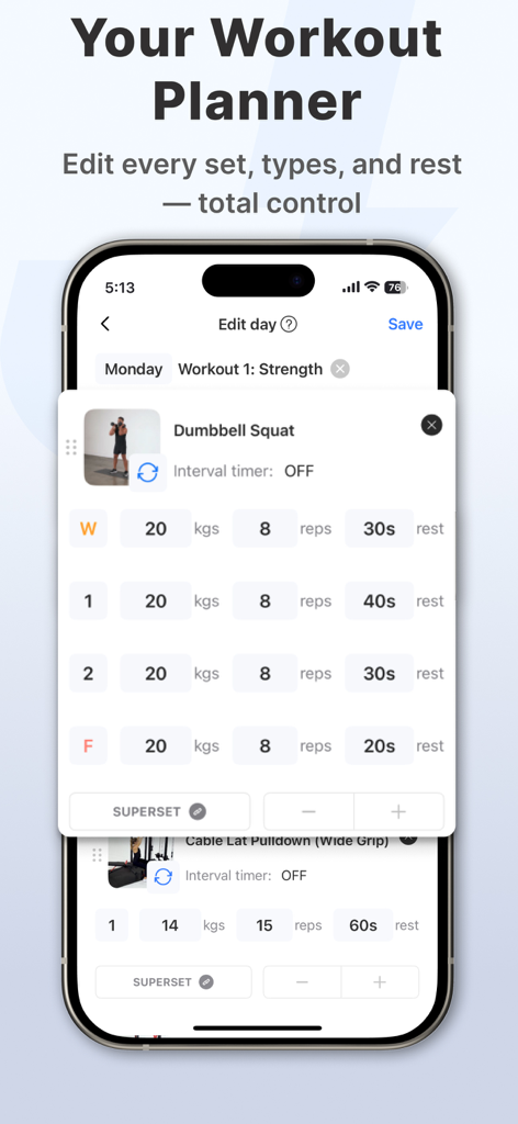JEFIT Workout Plan Gym Tracker - JEFIT app interface showing custom workout planning with adjustable sets reps and rest times