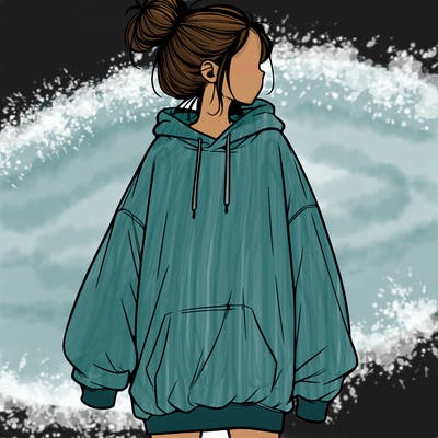 realistic girl with a oversized sweatshirt on and a bun