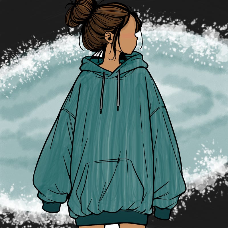 realistic girl with a oversized sweatshirt on and a bun