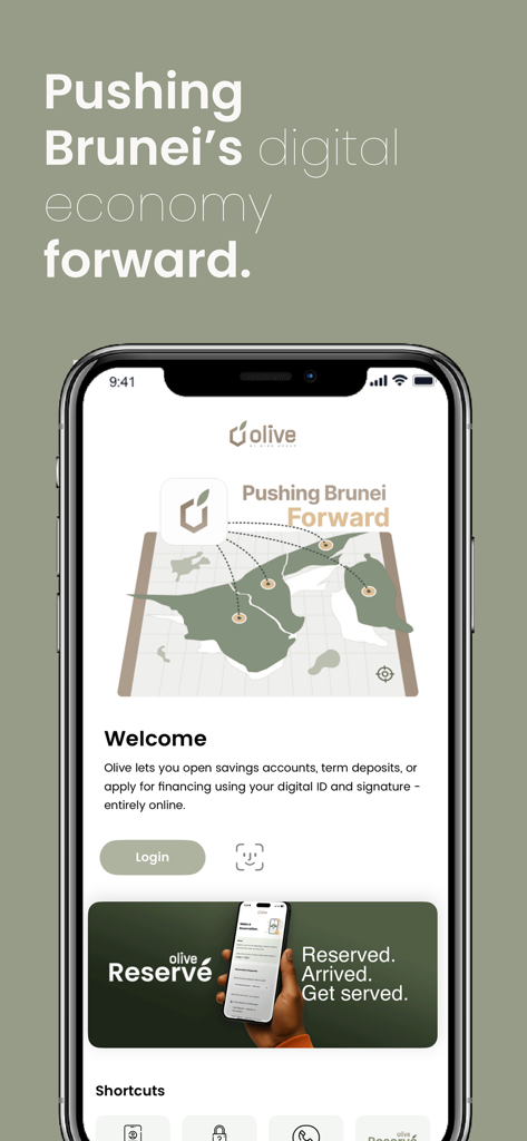 Olive Pro - Olive Pro app welcome screen showcasing digital financial services and a map of Brunei