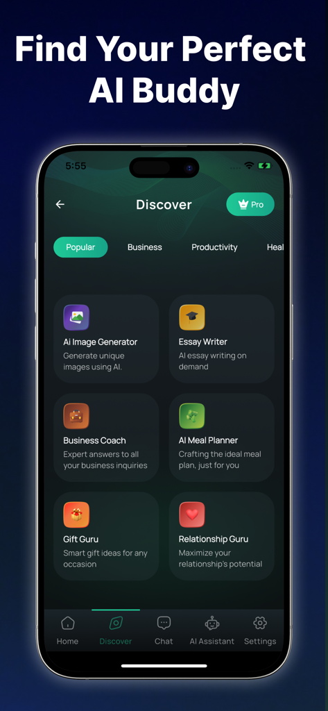Chat AI Chatbot Ask Anything - The Discover screen of the Info Bank app showing specialized AI buddies like an Essay Writer and Business Coach.