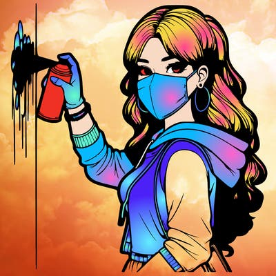 realistic girl with mask spray painting a wall