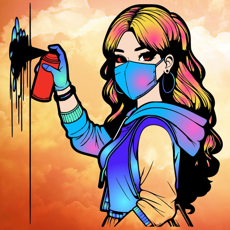 realistic girl with mask spray painting a wall