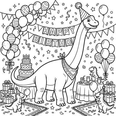 Join the biggest dinosaur on earth, an Argentinosaurus, as it celebrates a fantastic birthday party! This festive coloring page is packed with cakes, balloons, and adorable dino guests, promising hours of creative fun.
