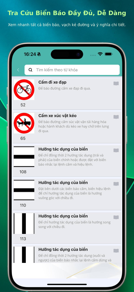Interface showing a search bar and a list of Vietnamese road signs with descriptions for driver license exam preparation.