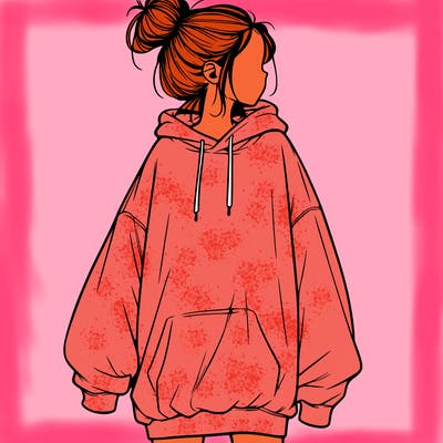 realistic girl with a oversized sweatshirt on and a bun