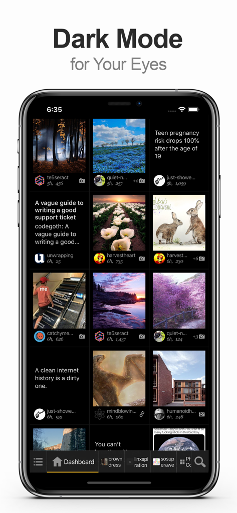 MultiTab for Tumblr app displaying a dark mode interface with a grid layout of image and text posts on an iPhone.
