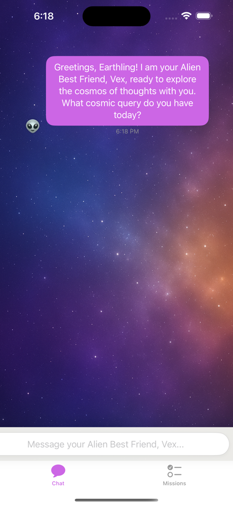 Alien Best Friend - A chat screen with Vex the AI alien featuring a message bubble and a starry galaxy background.