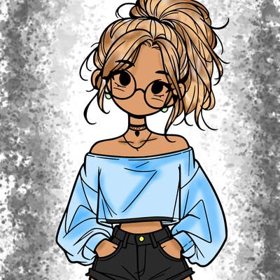 girl with a messy ponytail glasses a baggy crop top and jean shorts