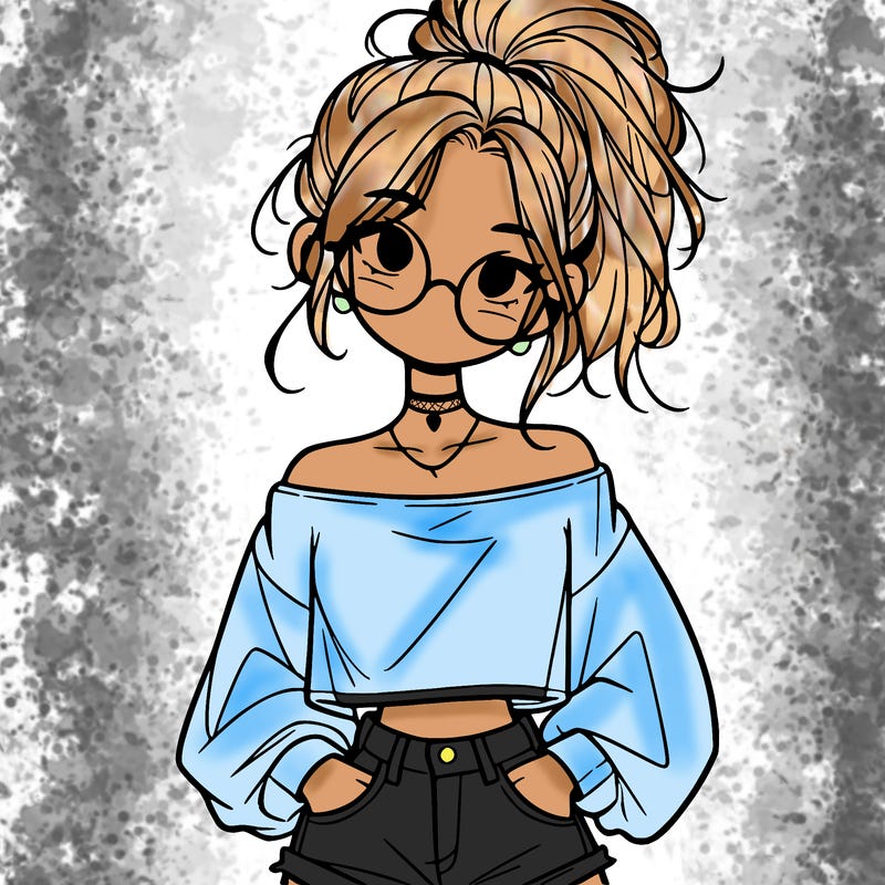 girl with a messy ponytail glasses a baggy crop top and jean shorts