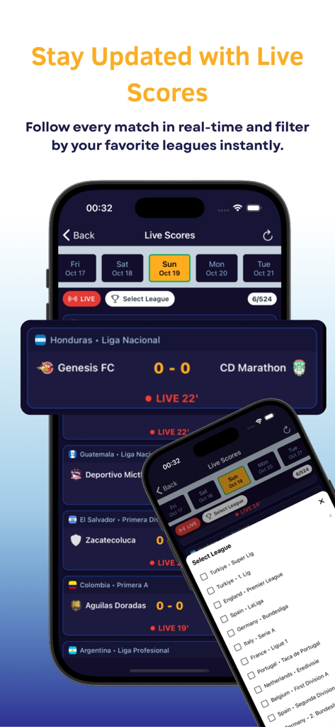 Interface do aplicativo Betting Tips AI Predictions mostrando placares de futebol em tempo real e seleção de filtro de liga.