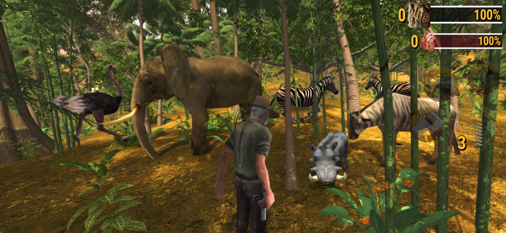 Safari: Evolution - Gameplay screenshot of Safari Evolution showing a hunter with various wild animals in a savanna