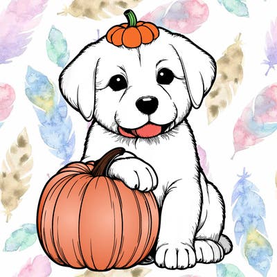a realistic puppywith a pumpkin on his head