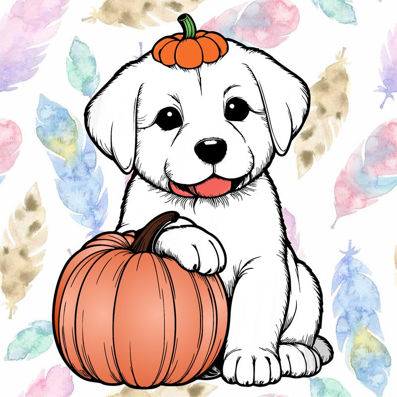 a realistic puppywith a pumpkin on his head