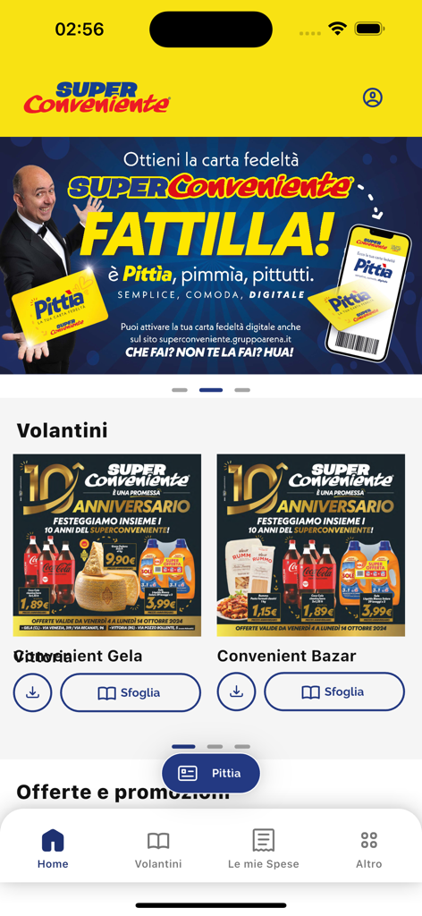 SuperConveniente Gruppo Arena - Schermata principale dell'app SuperConveniente con promozione carta fedeltà e volantini digitali del negozio.