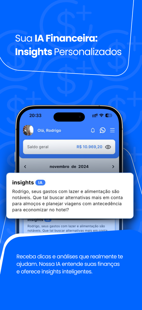 Saldo Positivo - Despesas - Pantalla de aplicación móvil que muestra información financiera personalizada de IA y sugerencias de gasto.
