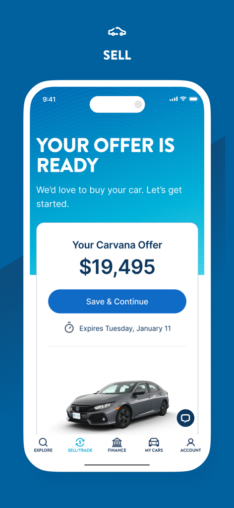 Carvana: Buy/Sell Used Cars - Carvana mobile app screen showing a trade-in offer of 19495 dollars for a grey sedan