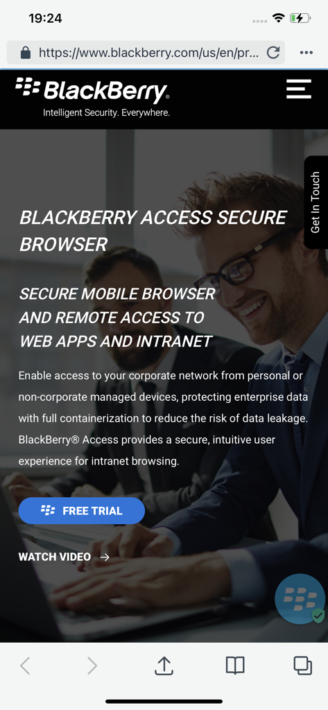 BlackBerry Access - BlackBerry Access secure mobile browser webpage displaying promotional text for enterprise intranet access and a free trial button.