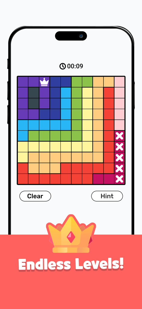 Queens Royal - Queens Royal mobile game screenshot showing a colorful logic puzzle grid and a banner that says Endless Levels.