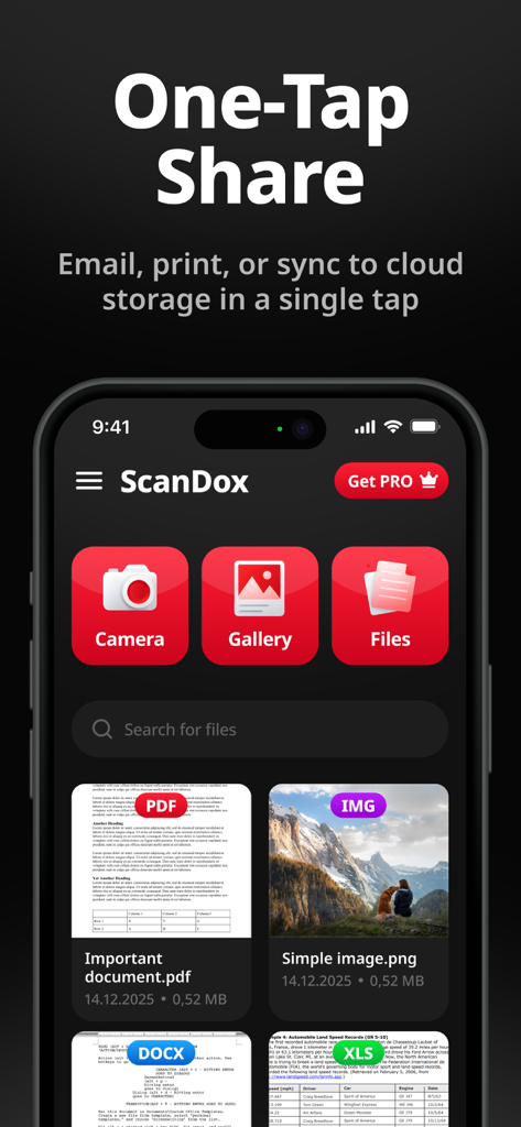 ワンタップ共有オプションとデジタルドキュメントライブラリを示すPDFスキャナーScan Doxアプリインターフェース。
