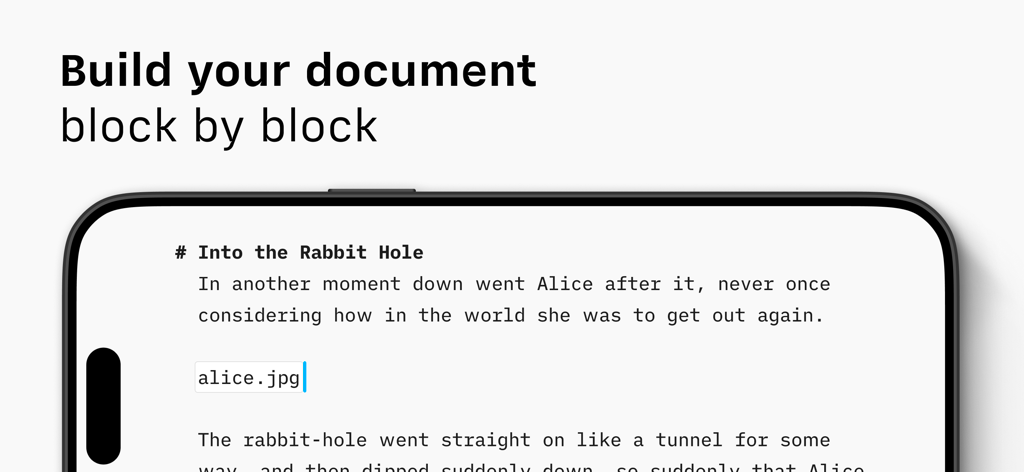 iA Writer - Interface móvel do iA Writer mostrando a criação de documentos com blocos de conteúdo
